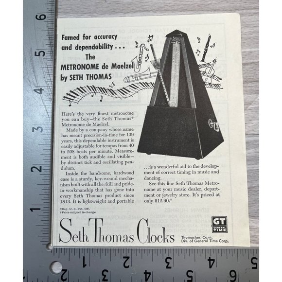Seth Thomas Metronome Clocks Vintage Print Ad 1952 Piano Music Keep Time - Picture 2 of 4